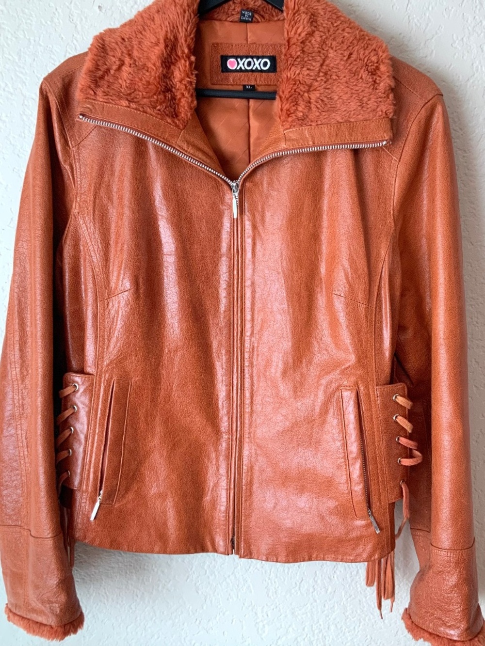 RARE! Y2K VINTAGE Leather! XOXO Womens Bomber Jacket Lace Up Moto Size XL